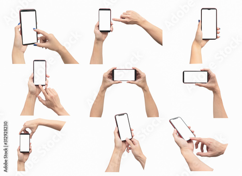 Fototapeta Naklejka Na Ścianę i Meble -  Hands holding smartphone set isolated on white background. With clipping path
