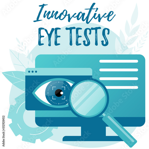 Innovative computer eye tests and vision exam. Optometry, ophthalmology diagnostics, eyesight test and correction vector flat concept.