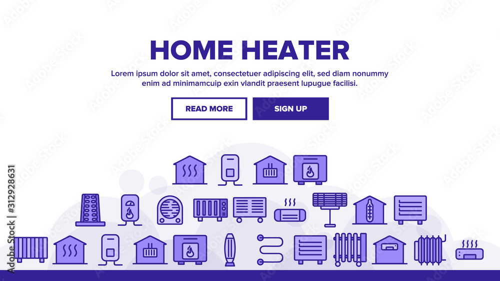 Home Heater Landing Web Page Header Banner Template Vector. Home Heater, Heating System Equipment, Radiator And Electric Warm Floor Illustration