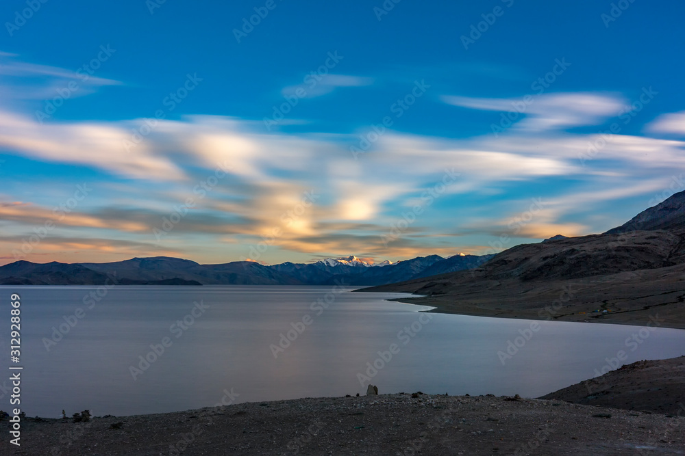 Beautiful Lake Tso Moriri in Ladakh in evening 