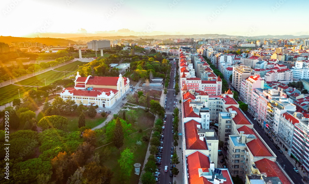 Lisbon Portugal view Pavilion Carlos Lopes and park, district bairo do rego  residential buildings, sunset outside Stock Photo | Adobe Stock