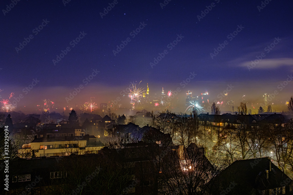 Frankfurt Skyline at New Years Eve with Fireworks