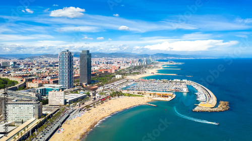 Barcelona, Spain aerial panorama Somorrostro beach, top view central district cityscape outdoor catalonia skyline