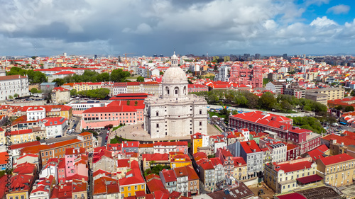 Obraz na płótnie Lisbon aerial panoramic city view historic cathedral Panteao Nacional church, central district Alfama Portugal skiline w salonie
