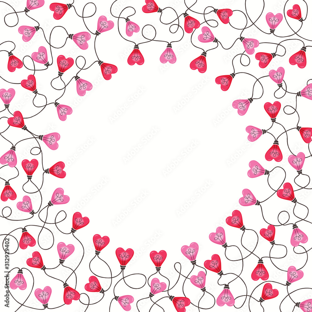 Bright Colorful Valentine's Day Holiday Intertwined Heart Shape String Lights on White Background Square Round Frame