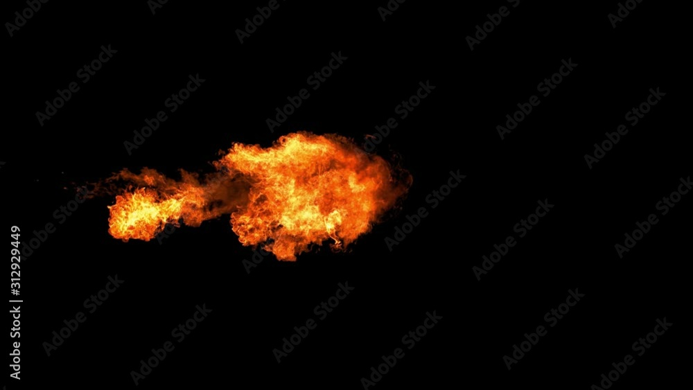 A ball of fire releasing from left of screen on an isolated black background A ball of fire releasing from left of screen on an isolated black background