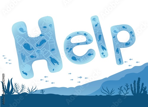 Sea creatures are in plastic waste. Plastic bottles and plastic bags are harmful to animals and the environment under the sea.