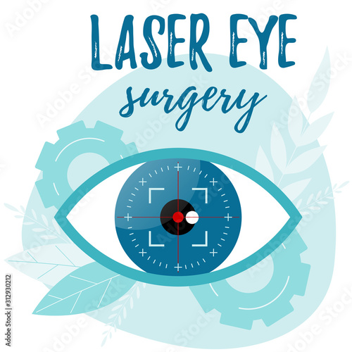 Vision correction by a laser beam. Eye surgery. Ophthalmologist vector illustration. Vector flat concept