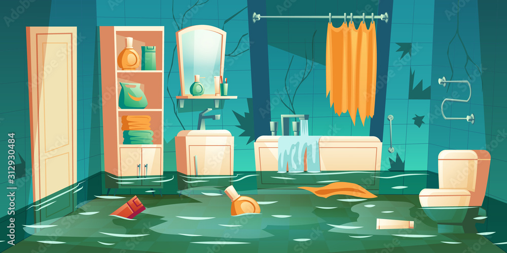Bathroom flooded interior cartoon vector illustrations. Leaking bathtub