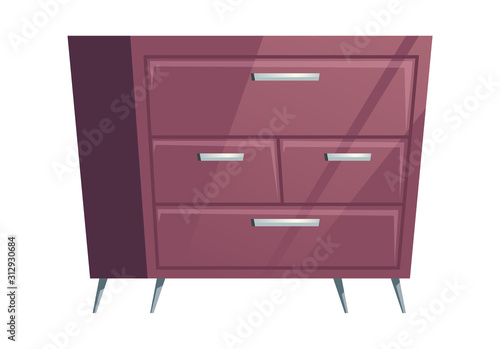 Bedroom furniture dresser cartoon vector illustration. Elements for home living room or office interior, brown wooden chest of drawers for storage, room accessory isolated on white