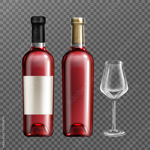Wine glass bottles with red liquid and empty drinking glass realistic vector illustration. Clear winery bottle for alcohol, closed with cork, with blank paper label, isolated on transparent background