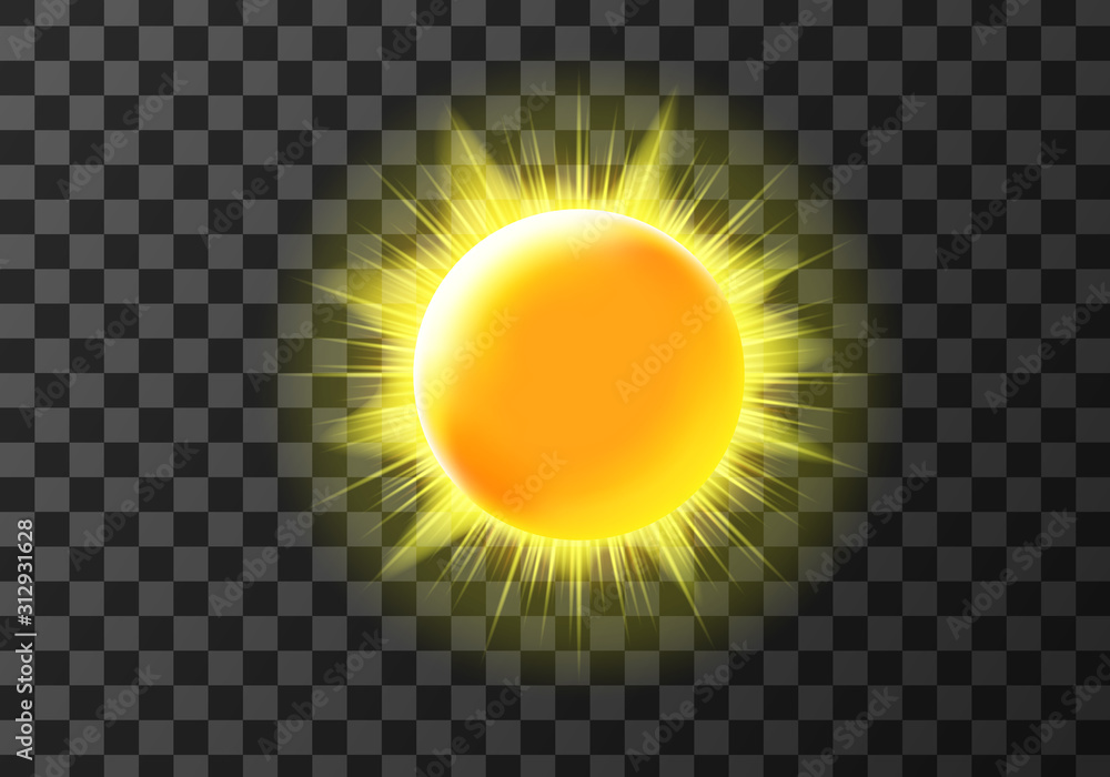 Sun disk with rays, weather meteo icon cartoon vector illustration. Yellow  shiny sun with radiant light. Element for weather forecast, isolated on  transparent background Stock Vector | Adobe Stock