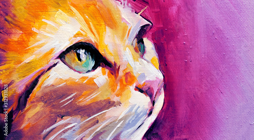 Ilustracja w farbie olejnej kota z profilu z dużymi niebiesko-jasnymi i zielonymi oczami na różowym tle, żywe kolory