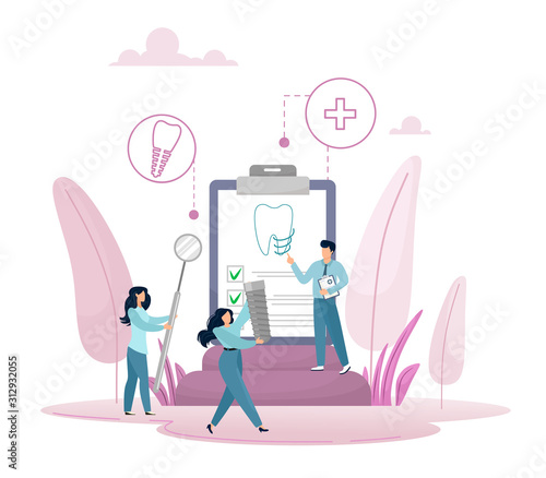 The concept of dentistry and dental prosthetics, a tiny person puts a dental implant. Vector illustration in cartoon style.