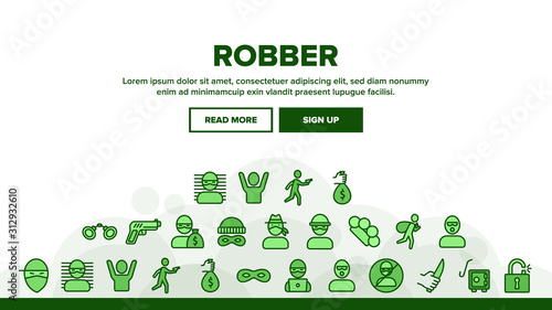 Robber Crime Landing Web Page Header Banner Template Vector. Bag Of Money And Mask, Knife And Gun, Brass Knuckles And Scrap Robber Equipment Illustration