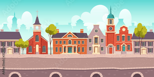 Urban street landscape 18th century with residential, government and church buildings, retro cartoon vector background. Cityscape with pavement, facades, vintage town poster