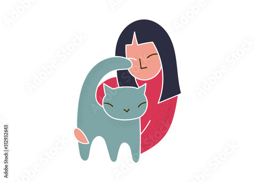 Trendy cartoon woman holding cat simple vector