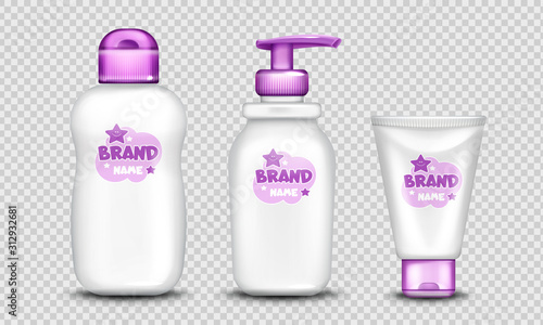 Baby cosmetics package design set realistic vector. White dispenser bottles for gel or liquid soap, lotion, milk or oil and cream tube with purple cap, cute label, insulated on transparent background