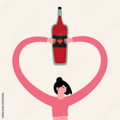 Vector illustration with woman holds red wine bottle with small heart.