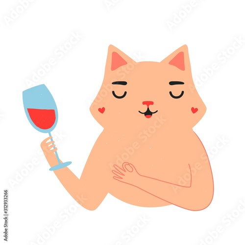 Vector illustration with white cat in black hat holding blue glass with red wine.