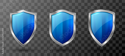 Blue shield metal frame realistic vector illustration. Blank blue glass or acrylic panel with reflection glow, award trophy or certificate template, front view isolated on transparent background
