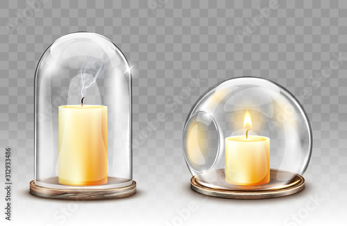 Glass domes with hole, candle holder realistic vector. Glass clear figures with burning and extinguished candle for decoration, isolated object for festive home decor