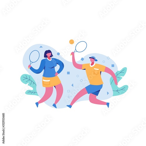 Active man and woman playing volleyball outdoor holding rackets enjoying physical activity vector flat illustration. Couple cartoon character tennis player hitting ball isolated on white