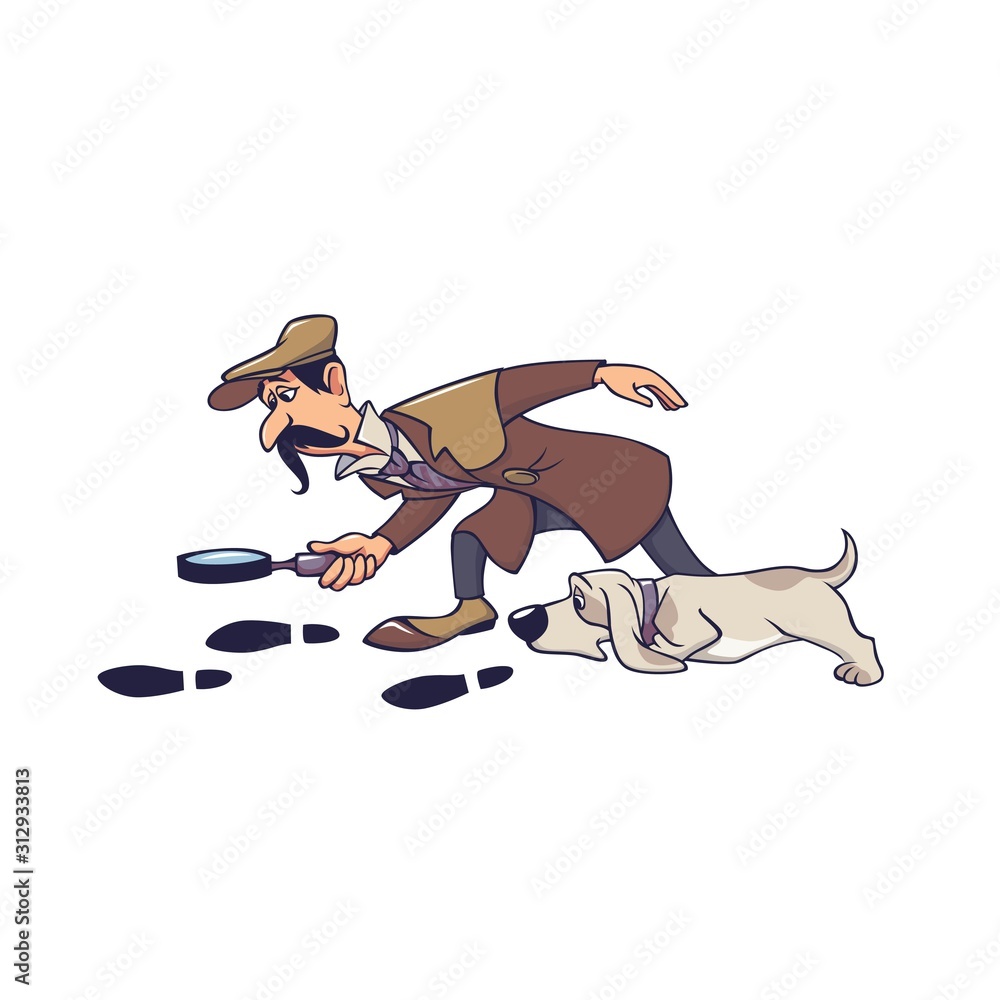Mature male detective with dog following on track isolated on white. Man cartoon character looking on trace using magnifying glass doggy hunting by footprints vector graphic illustration | Adobe Stock
