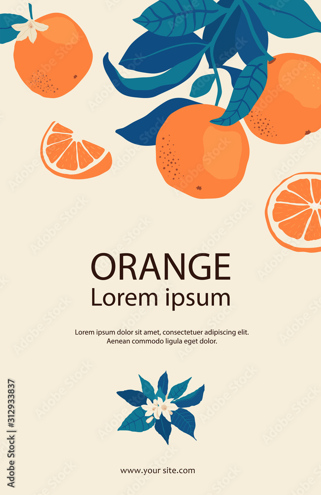 Frame of oranges on branches with copy space in flat style. Template with citrus fruits for your brochure design, banner, labels. Vector stock illustration