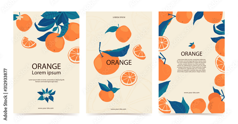 Set frame of oranges on branches with copy space in flat style. Template with citrus fruits for your brochure design, banner, labels. Vector stock illustration Set frame of oranges on branches with copy space in flat style. Template with citrus fruits for your brochure design, banner, labels. Vector stock illustration