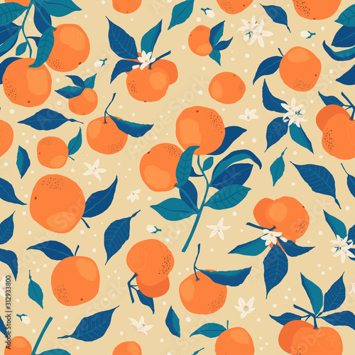 Seamless pattern with branches of oranges, flowers and buds on a beige background. A modern bright repeated background with citrus in flat style. Vector stock illustration