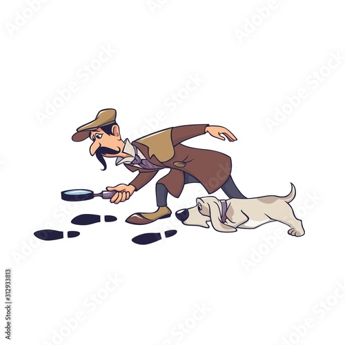Mature male detective with dog following on track isolated on white. Man cartoon character looking on trace using magnifying glass doggy hunting by footprints vector graphic illustration