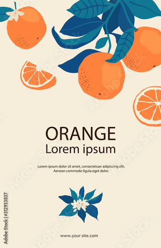 Frame of oranges on branches with copy space in flat style. Template with citrus fruits for your brochure design, banner, labels. Vector stock illustration