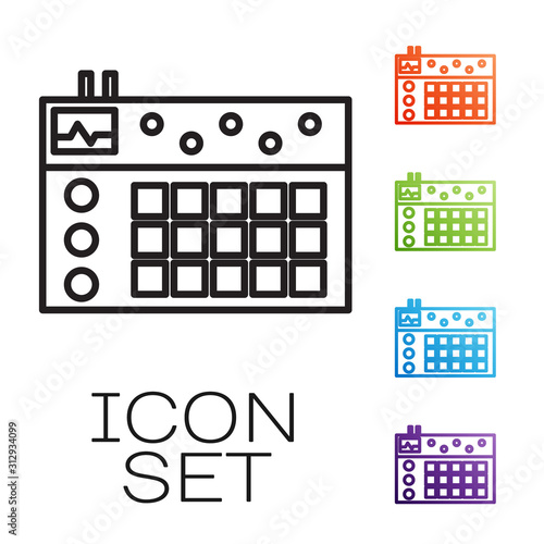 Black line Drum machine icon isolated on white background. Musical equipment. Set icons colorful. Vector Illustration