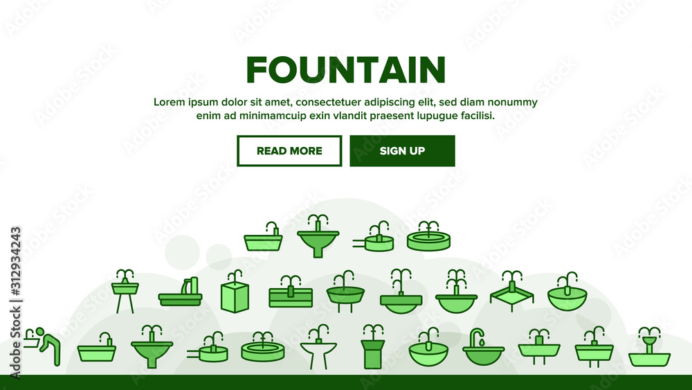 Drinking Fountain Landing Web Page Header Banner Template Vector. Different Type Of Decorative Public Fountain With Purified Drink Water Illustration Drinking Fountain Landing Web Page Header Banner Template Vector. Different Type Of Decorative Public Fountain With Purified Drink Water Illustration