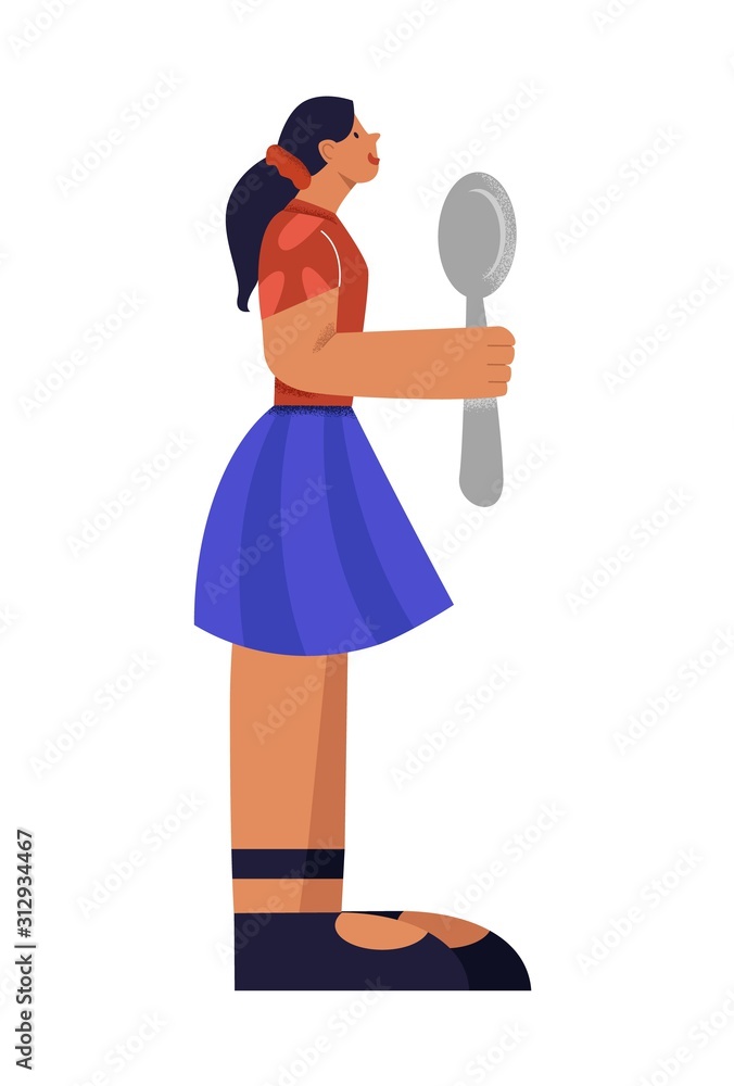 Cartoon character teenager girl holding spoon ready to degustation big limbs style isolated on white. Casual female waiting meal side view vector flat graphic illustration