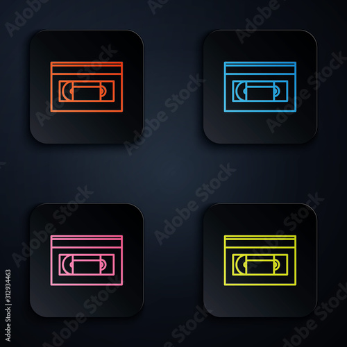 Color neon line VHS video cassette tape icon isolated on black background. Set icons in colorful square buttons. Vector Illustration