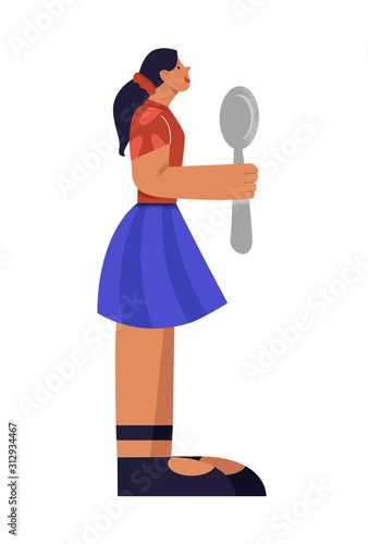 Cartoon character teenager girl holding spoon ready to degustation big limbs style isolated on white. Casual female waiting meal side view vector flat graphic illustration