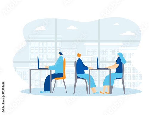 People siting at the desk. Vector design.