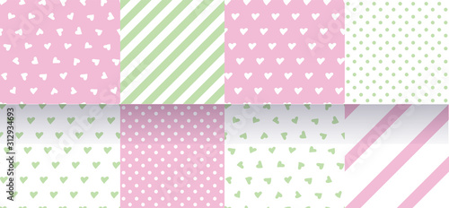 Set of pink, green seamless patterns with hearts, stripes and polka dot. Delicate pastel colors. Vector