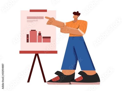 Cartoon male presenting marketing data on presentation screen board pointing on charts big limbs style. Character business man explaining infographic diagram vector flat illustration isolated on white