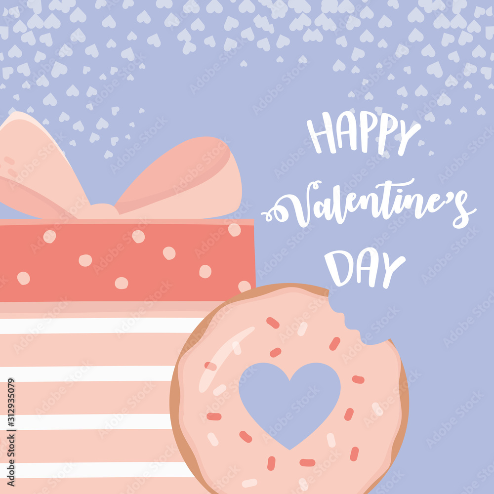 happy valentines day pink gift box and sweet donut