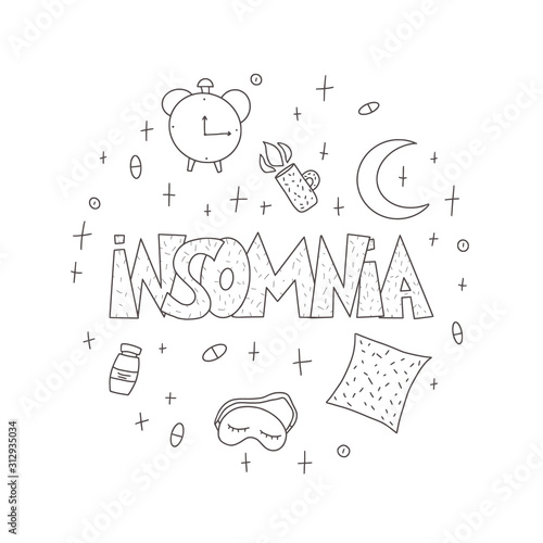 Insomnia vector hand drawn text. Stylized word.