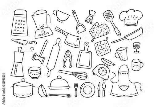 Kitchen tools and tableware. Cook. Hand drawn set of elements. Vector illustration in doodle style