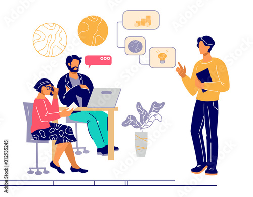 Entrepreneur making presentation explaining charts and business development plan to colleagues or investors. Business presentation or meeting. Flat vector illustration isolated on white background.