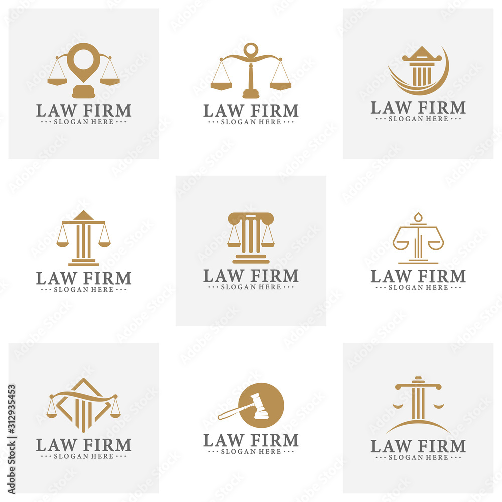 Law office logotypes set with scales of justice, gavel etc illustrations. Vector vintage attorney, advocate labels, juridical firm badges collection. Act, principle, legal icons design.