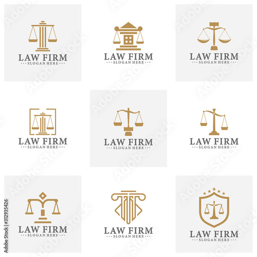 Law office logotypes set with scales of justice, gavel etc illustrations. Vector vintage attorney, advocate labels, juridical firm badges collection. Act, principle, legal icons design.