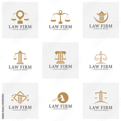 Law office logotypes set with scales of justice, gavel etc illustrations. Vector vintage attorney, advocate labels, juridical firm badges collection. Act, principle, legal icons design.