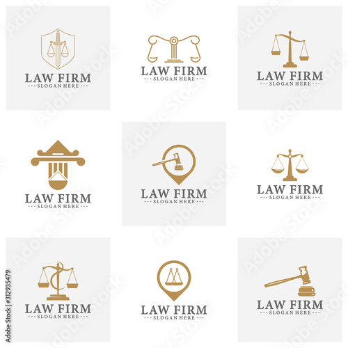 Law office logotypes set with scales of justice, gavel etc illustrations. Vector vintage attorney, advocate labels, juridical firm badges collection. Act, principle, legal icons design.