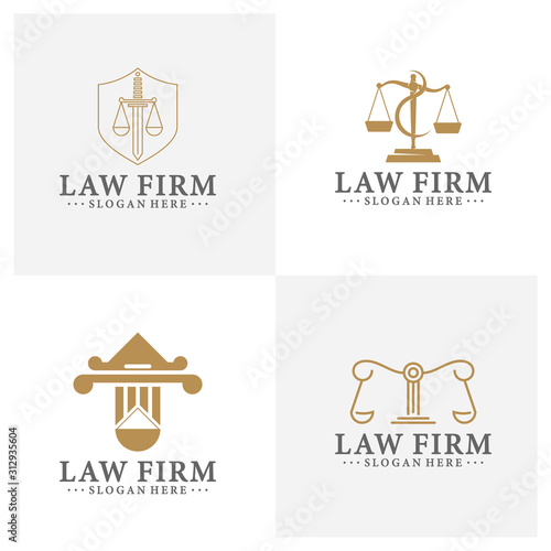 Law office logotypes set with scales of justice, gavel etc illustrations. Vector vintage attorney, advocate labels, juridical firm badges collection. Act, principle, legal icons design.